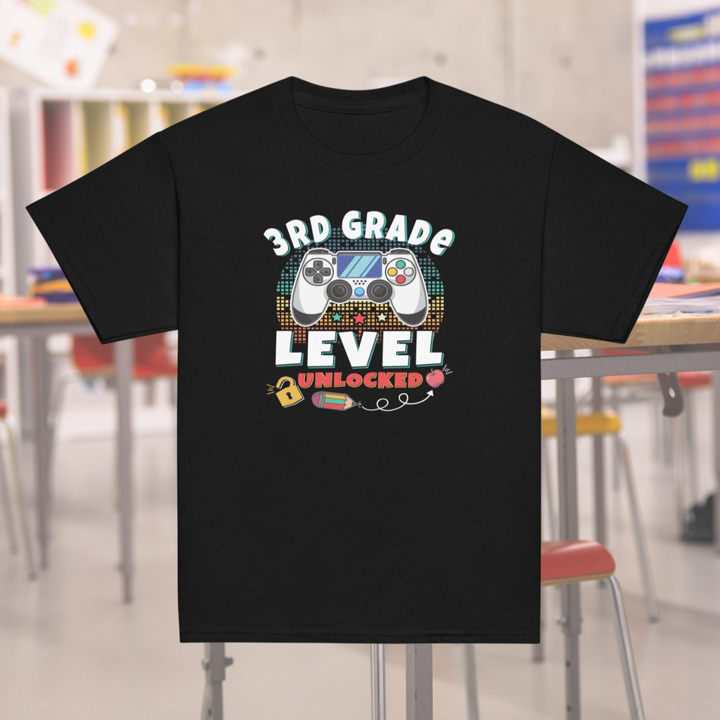 Game on level unlocked back to school T-shirt for boys and girls, first day of school shirt, Grades first through fifth